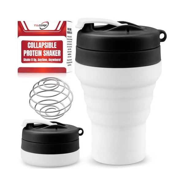 Tilcore Shaker de Protéines Pliable et Bouteille deau Qualité Alimentaire, Couvercle Etanche de 600 ml / 20 oz - Gobelets Mé ...