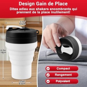 Tilcore Shaker de Protéines Pliable et Bouteille deau Qualité Alimentaire, Couvercle Etanche de 600 ml / 20 oz - Gobelets Mé