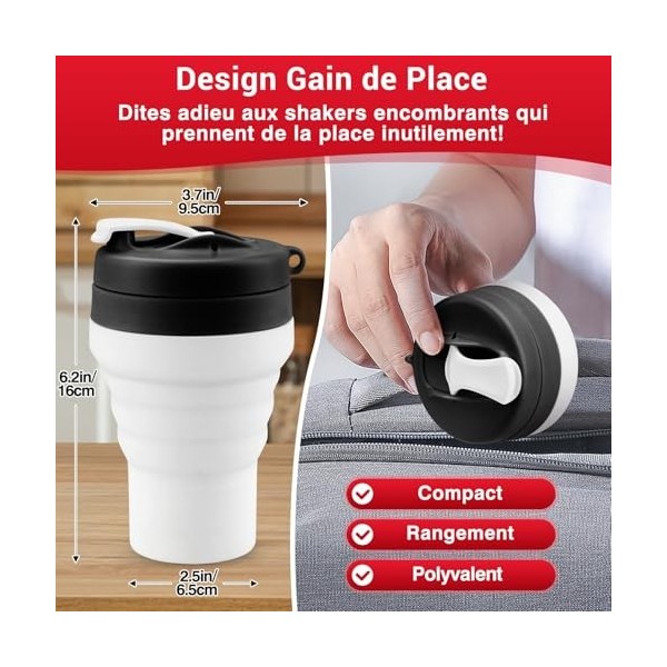 Tilcore Shaker de Protéines Pliable et Bouteille deau Qualité Alimentaire, Couvercle Etanche de 600 ml / 20 oz - Gobelets Mé ...