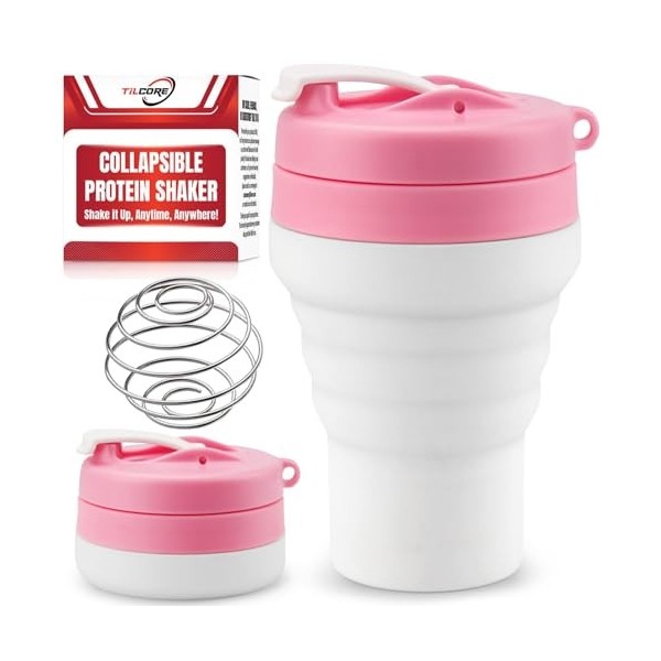 Tilcore Shaker de Protéines Pliable et Bouteille deau Qualité Alimentaire, Couvercle Etanche de 600 ml / 20 oz - Gobelets Mé