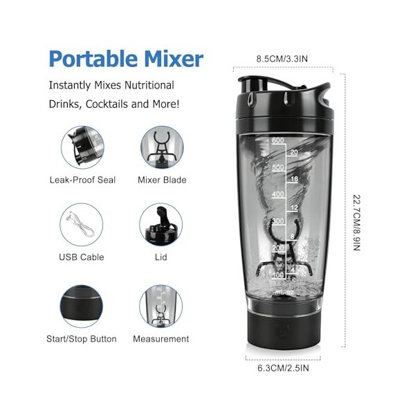 HNCY Shaker électrique pour protéines - 600 ml - Rechargeable par USB - Sans BPA - Noir