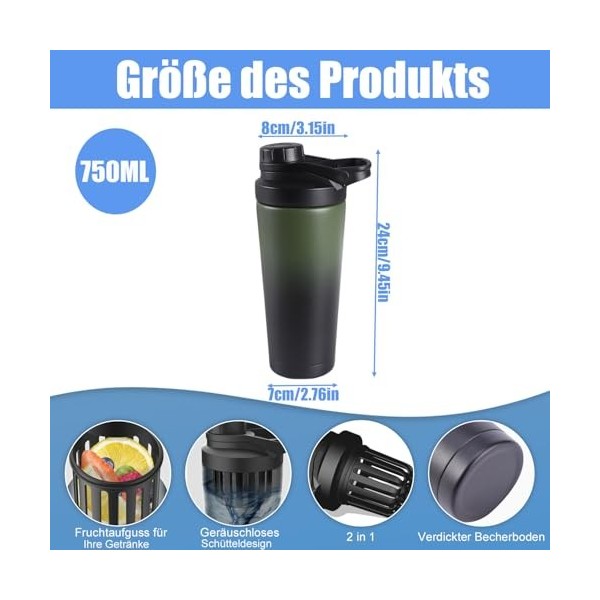 Sightday Shaker thermique en acier inoxydable 750 ml avec passoire, double couche en acier inoxydable, isolation sous vide, s...