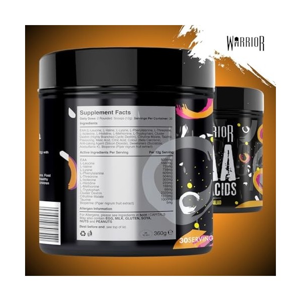 Acides aminés EAA en poudre Warrior 360 g - 9 acides aminés essentiels - Intra entraînement, Hydratation - Supplément nutriti...