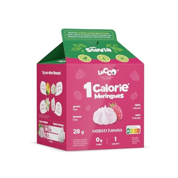 LoCCo Meringues Sans Sucre 1 kcal à la Framboise - En-cas Minceur Cétogène Keto avec Stevia, Low Carb, Riche en Fibres et P