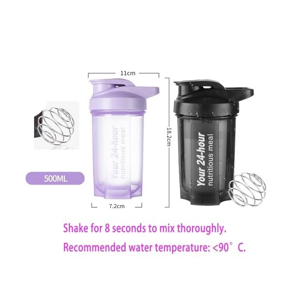 OFGAOO Lot de 2 shakers protéinés 500 ml, avec boule, shaker à protéines, bouteille pour poudre de protéines, mélange de prot