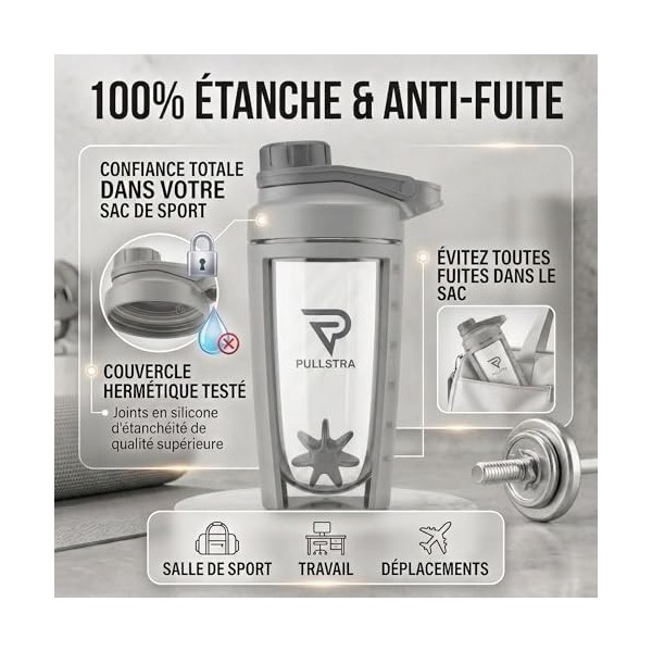 Pullstra Shaker Protéine 500ml – Shaker Sport Étanche Sans Fuite, Gourde Sport pour Whey & Musculation, Shaker Gradué Sans Gr