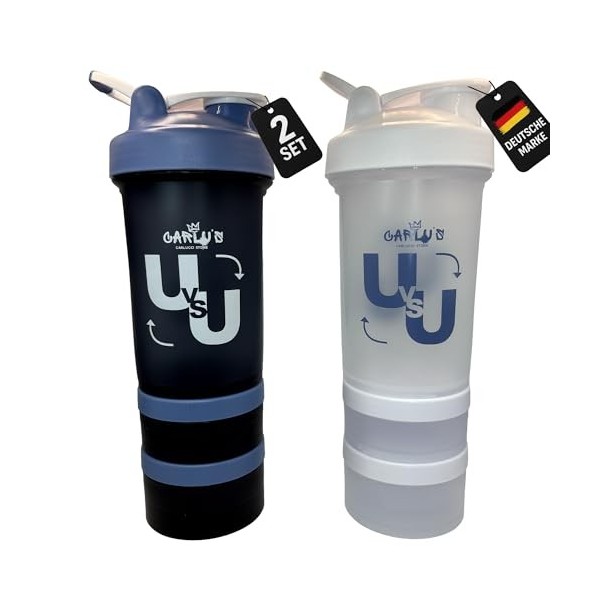 Lot de 2 shakers avec compartiments à poudre et boule mélangeuse en acier inoxydable 100 % sans BPA 500 ml, anti-fuite, passe