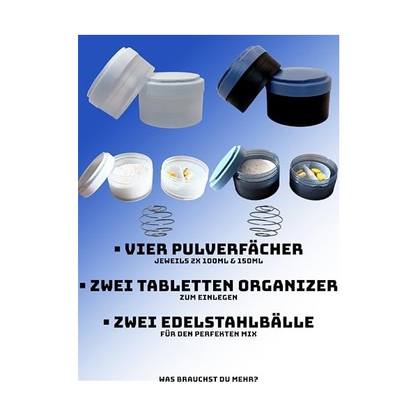 Lot de 2 shakers avec compartiments à poudre et boule mélangeuse en acier inoxydable 100 % sans BPA 500 ml, anti-fuite, passe