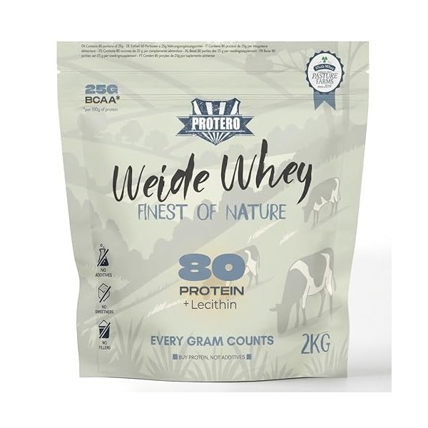 Protero Weide Whey Protein 80 | Poudre de protéines neutres à base de lait de pâle 2 kg | Protéines Grass-fed sans additifs a