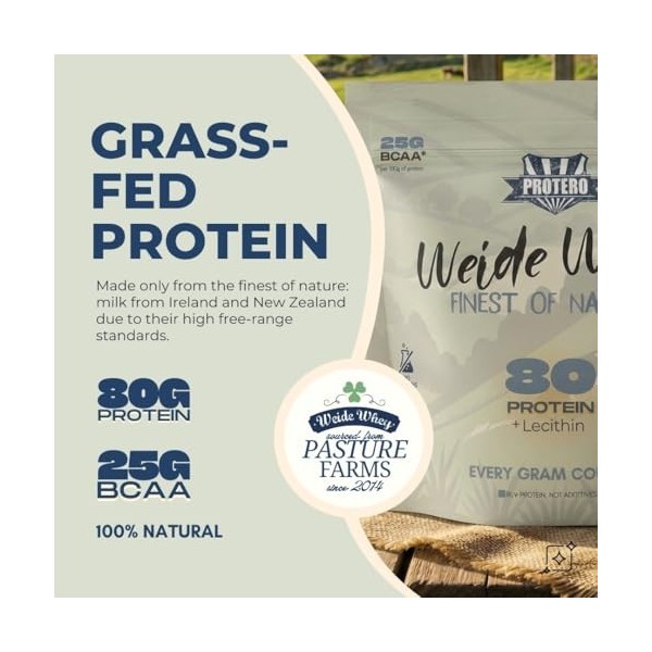 Protero Weide Whey Protein 80 | Poudre de protéines neutres à base de lait de pâle 2 kg | Protéines Grass-fed sans additifs a
