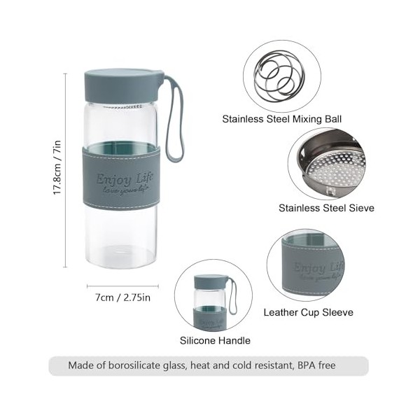 UOCAI Shaker à protéines en verre avec passoire intégrée et boule de mélange en acier inoxydable, sans BPA et anti-fuite avec