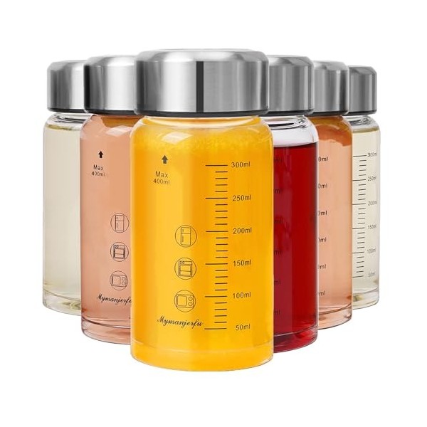 Lot de 6 bouteilles deau en verre de 355 ml avec couvercles – Pour jus, smoothies, lait, protéines, réutilisables, couvercle