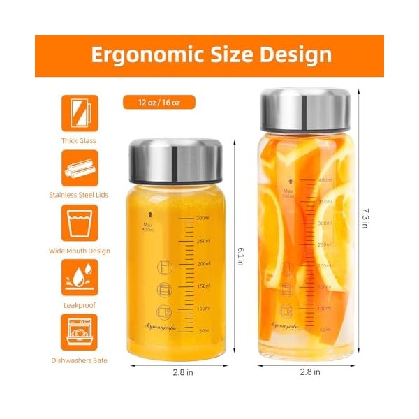 Lot de 6 bouteilles deau en verre de 355 ml avec couvercles – Pour jus, smoothies, lait, protéines, réutilisables, couvercle