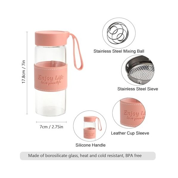 Shaker à protéines en verre 480 ml Shaker à protéines Shaker à protéines avec tamis et boule en acier inoxydable Shaker à pro