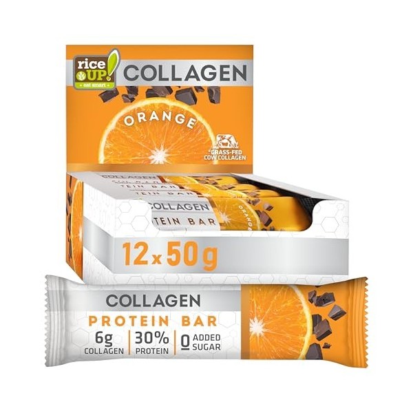 RiceUP! Barre Protéinée Orange au Collagène – 30% Protéines, 6000 mg Collagène Type I & III, Sans Sucre Ajouté, Moins de 215 ...