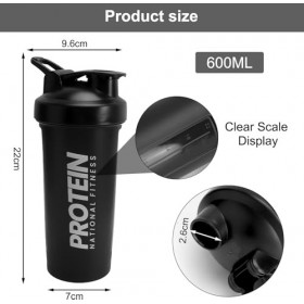 Lot de 2 shakers à protéines 600 ml avec boule, affichage ML, anti-fuite, pour boissons protéinées, gym, fitness, pour poudre