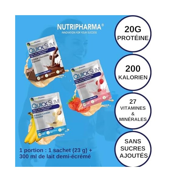 Quick Slim Substitut de Repas Shake pour La Perte de Poids, 30 portions, 20g de Protéines, 27 vitamines et minéraux, Fibres A