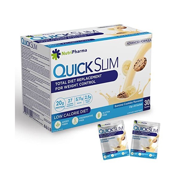 Quick Slim Substitut de Repas Shake pour La Perte de Poids, 30 portions, 20g de Protéines, 27 vitamines et minéraux, Fibres A