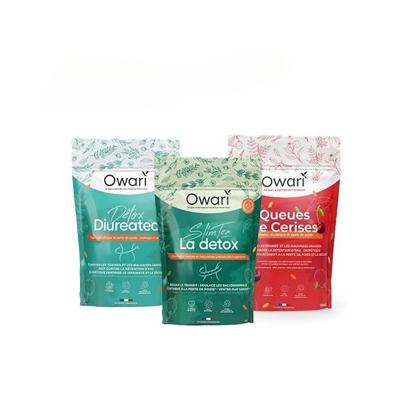 OWARI Pack Ventre Plat - 1x Diuretea, 1x Slim Tea, 1x Queue de Cerises - Pack de Tisane Drainante pour Réduire la Retention d