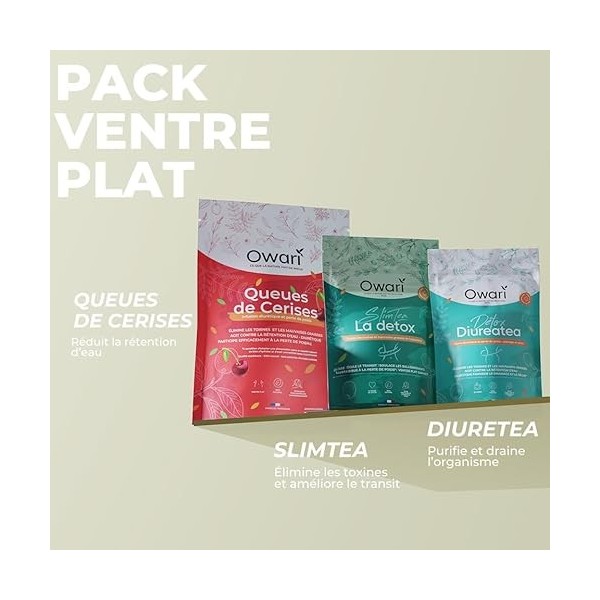 OWARI Pack Ventre Plat - 1x Diuretea, 1x Slim Tea, 1x Queue de Cerises - Pack de Tisane Drainante pour Réduire la Retention d