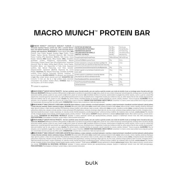 Bulk Barre Protéinée Macro Munch, Faible teneur en sucre, Chocolat Noisette, 12 x 62 g Lot de 2 