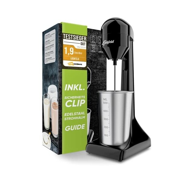 Liebfeld Shaker à protéines électrique – Mixeur plongeant avec gobelet en acier inoxydable de 500 ml – Shake protéiné et milk