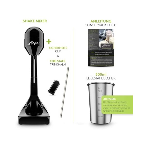 Liebfeld Shaker à protéines électrique – Mixeur plongeant avec gobelet en acier inoxydable de 500 ml – Shake protéiné et milk