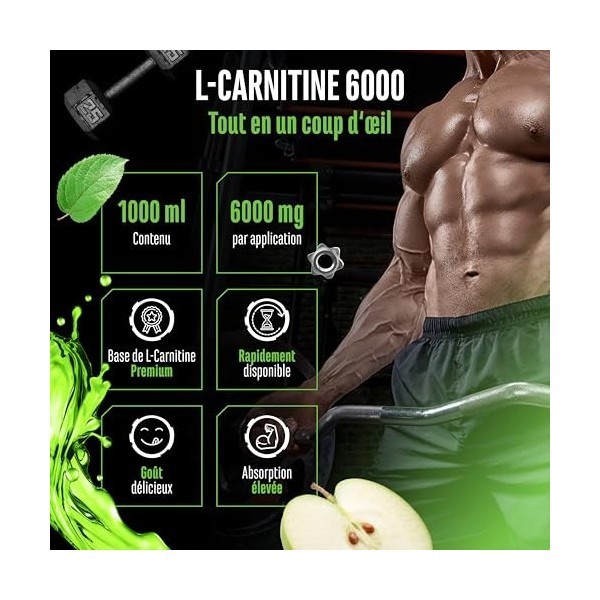 L-Carnitine 6000 Liquid - 1000 ml - Dosage extra élevé avec 6000 mg de L-carnitine pure par portion journalière - Boisson pro...