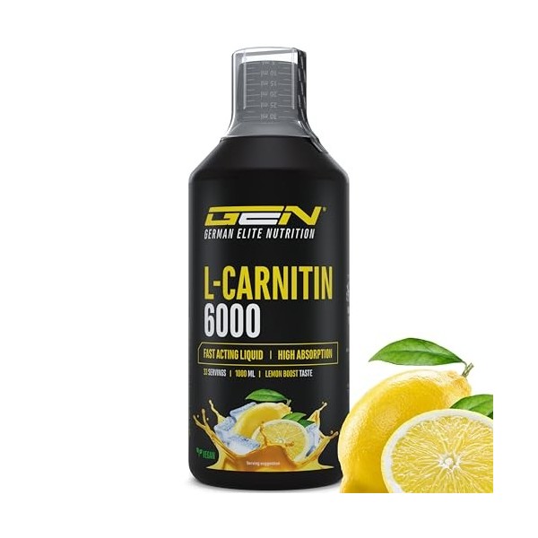 L-Carnitine 6000 Liquid - 1000 ml - Dosage extra élevé avec 6000 mg de L-carnitine pure par portion journalière - Boisson pro...