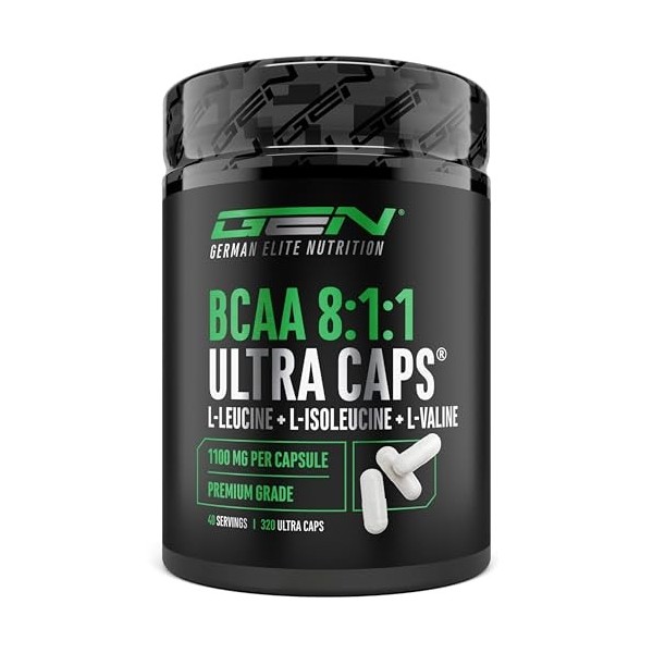 BCAA Ultra Caps 320 gélules - 1100 mg par Gélule - Extra hautement Dosé & Pur - Ratio 8:1:1 - L-Leucine, L-Isoleucine, L-Vali...