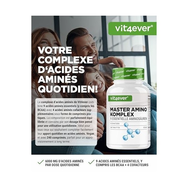 Complexe Master d’Acides Aminés - 240 comprimés vegan avec 6000 mg par dose journalière et 13 acides aminés différents y com