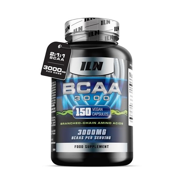ILN – Gélules BCAA 3000 mg – Supplément d’acides aminés 2:1:1 150 gélules – Cure 1 mois – Gélules BCAA végétariennes
