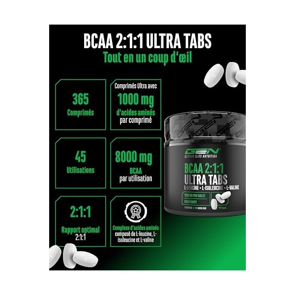 BCAA Ultra Tabs - 365 Comprimés avec 1000 mg de BCAA par Comprimé - Ratio Optimal 2:1:1 - Complexe d’Acides Aminés à base de 