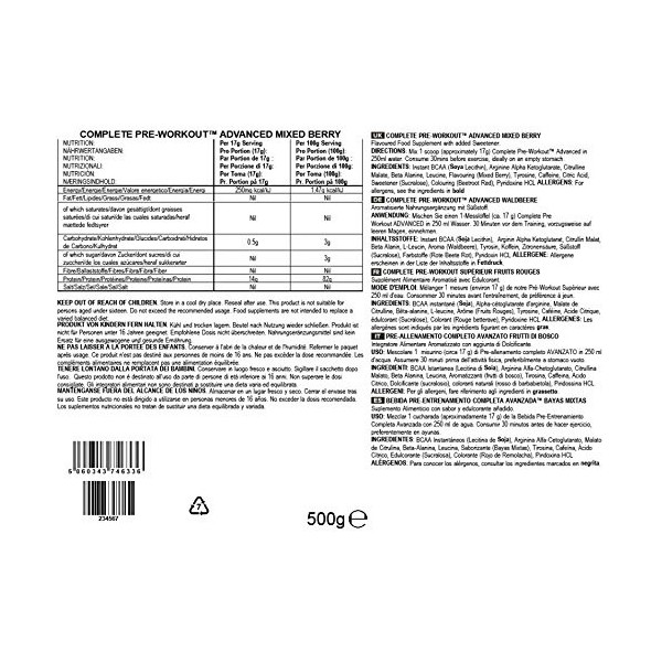 Bulk Pre Workout Advanced, Fruits Rouges, 500 g, 29 Portions