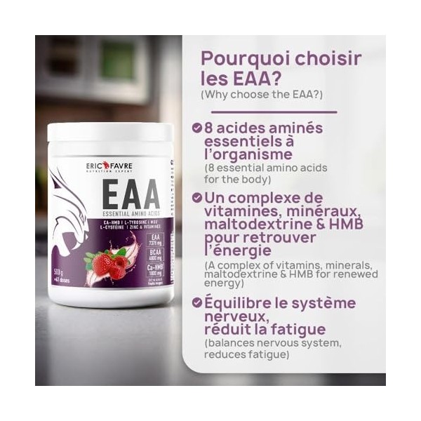 EAA ESSENTIAL AMINO ACIDS - Acides Aminés Essentiels avec CA-HMB, L-Tyrosine, L-Cystéine, Zinc & Vitamines - Formule Énergisa...