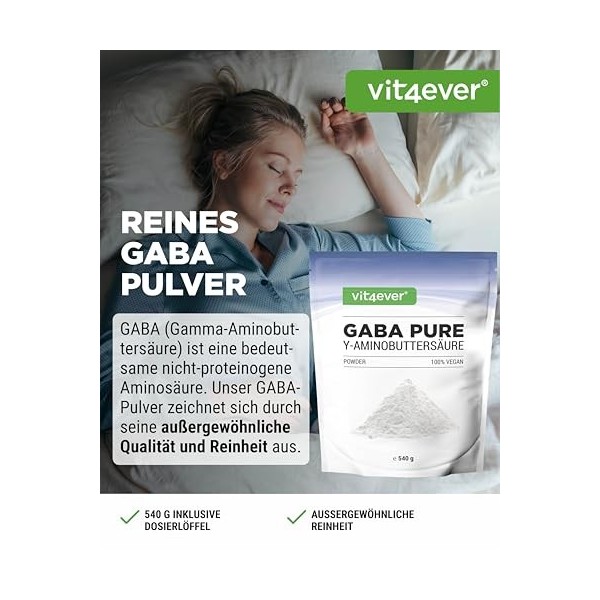 Gaba Pure - 540 g de poudre pure sans additifs - 100% acide gamma-aminobutyrique - 180 portions - Végan - Qualité premium