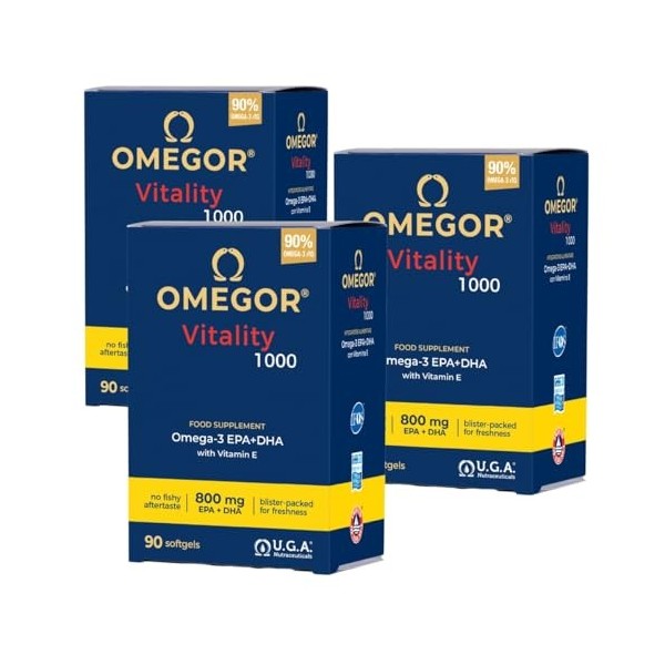 Omegor Vitality 1000 - avec 800 mg dEPA/DHA par capsule | Certification 5 étoiles IFOS depuis 2006 | 90 % dOmega 3 sous for BCAA