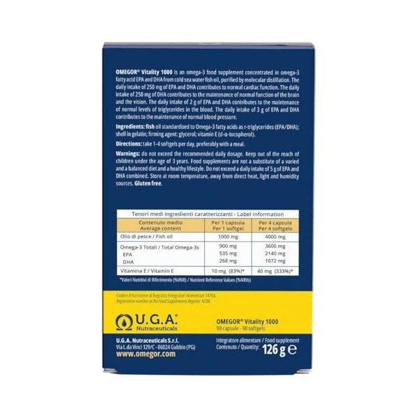 Omegor Vitality 1000 - avec 800 mg dEPA/DHA par capsule | Certification 5 étoiles IFOS depuis 2006 | 90 % dOmega 3 sous for BCAA