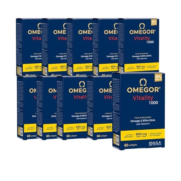 Omegor Vitality 1000 - avec 800 mg dEPA/DHA par capsule | Certification 5 étoiles IFOS depuis 2006 | 90 % dOmega 3 sous for BCAA