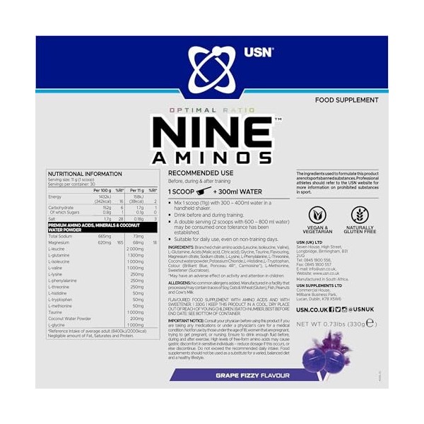 USN Nine Aminos 330g Pétillant de raisin - Acides aminés - Mélange dacides aminés BCAA