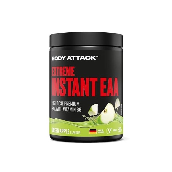 Body Attack Extreme Instant EAA Poudre – Green Apple, 500 g, végétalien, fabriquée en Allemagne – 8 acides aminés EAA essenti