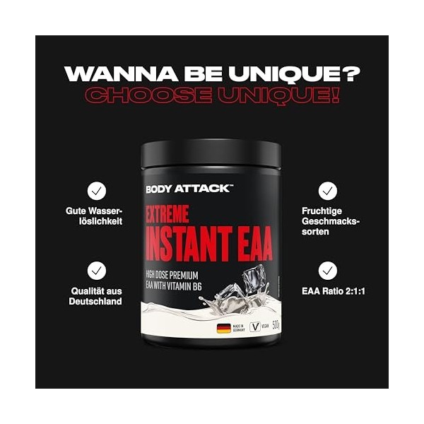 Body Attack Extreme Instant EAA Poudre – Green Apple, 500 g, végétalien, fabriquée en Allemagne – 8 acides aminés EAA essenti