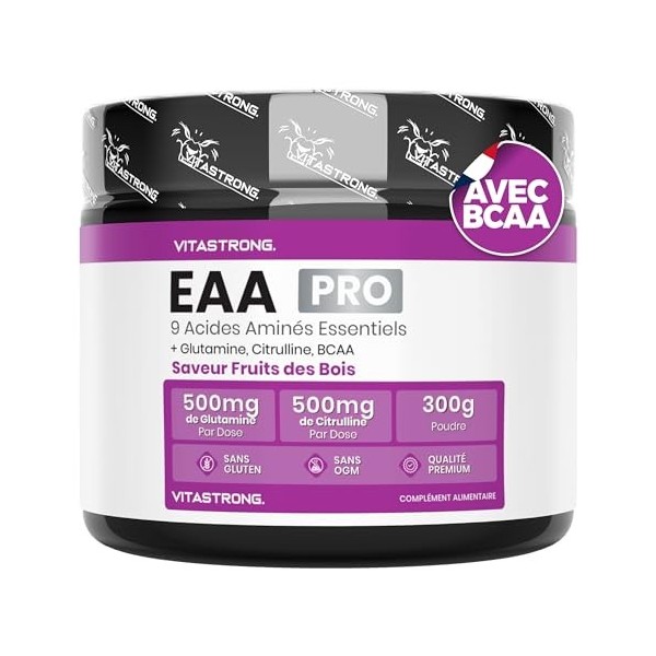 EAA PRO 9 Acides Aminés Essentiels Vitastrong, EAA en poudre 300g aux Fruits Rouges, Acides Aminés Ramifiés BCAA, Glutamine, 