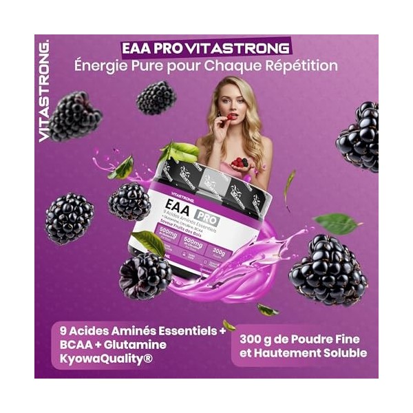 EAA PRO 9 Acides Aminés Essentiels Vitastrong, EAA en poudre 300g aux Fruits Rouges, Acides Aminés Ramifiés BCAA, Glutamine, 