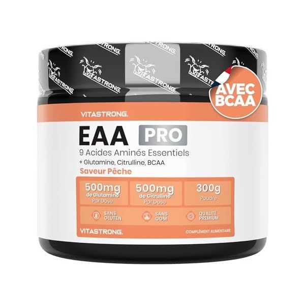 EAA PRO 9 Acides Aminés Essentiels Vitastrong, EAA en poudre 300g aux Fruits Rouges, Acides Aminés Ramifiés BCAA, Glutamine, 