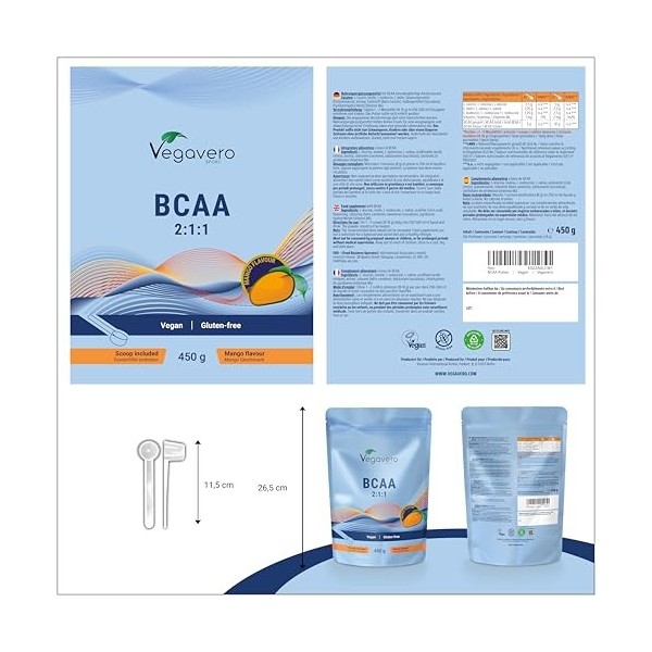 BCAA Poudre | Goût Mangue | Ratio 2:1:1 | 10g par Portion | Pre Workout Puissant | Testé en Laboratoire & Sans Additifs | 450