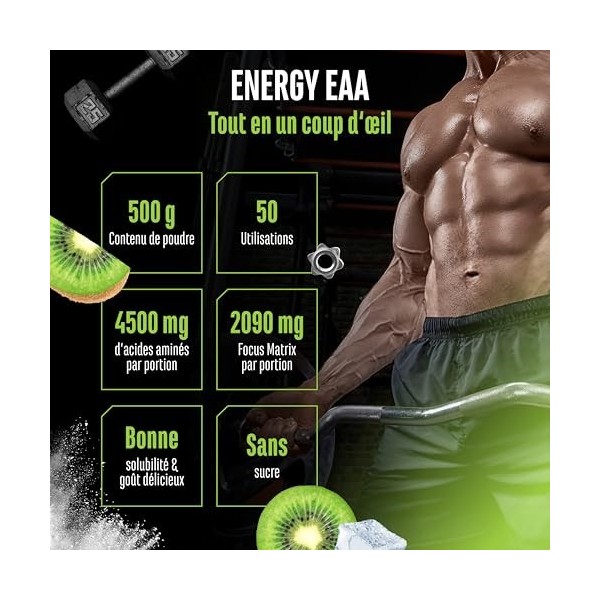 EAA Energy Mix - 500 g - Amino Matrix + Focus Matrix - Sans sucre - Avec caféine, taurine, guarana, N-acétyl-L-tyrosine - Boo