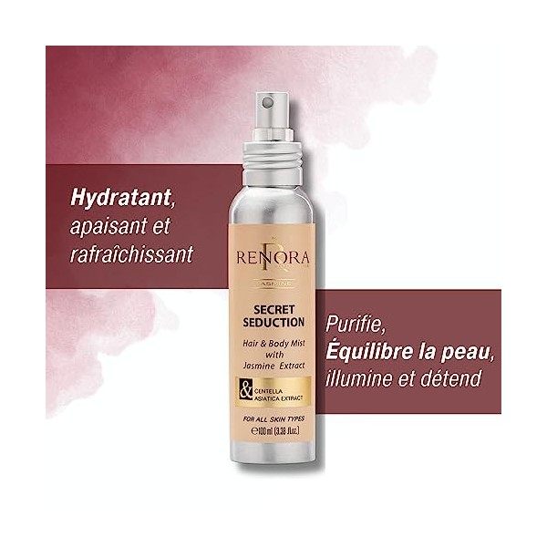 RENORA | Brume hydratante apaisante et rafraîchissante| Secret Seduction| Brume pour le visage, les cheveux et le corps| Puri