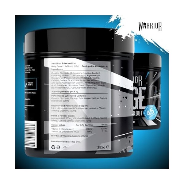 Poudre pré-entraînement Warrior Rage 392 g - Complément de boisson énergétique avec créatine, bêta-alanine, caféine et vitami...