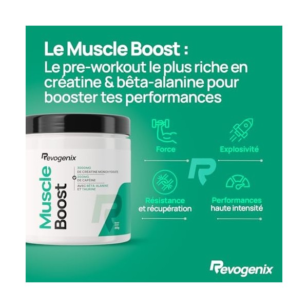 Muscle Boost | Pre-Workout avec Créatine, Caféine, Bêta-Alanine, Tyrosine & Taurine | Booster de Performances Musculaires | E